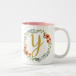 Initial Y: Botanische Blume Wreath Gold Monogram Zweifarbige Tasse