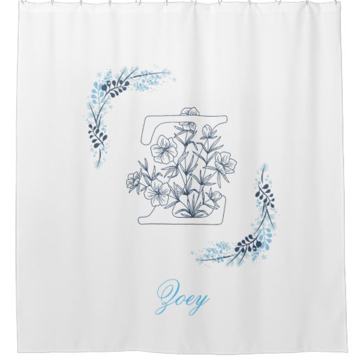 Initial "Z" Blue Monogram Calm Floral Duschvorhang (Vorderseite)