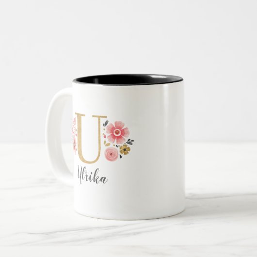 Initialbuchstabe U, rosa pink, floral Zweifarbige Tasse (Vorderseite Links)
