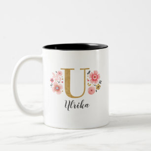 Initialbuchstabe U, rosa pink, floral Zweifarbige Tasse