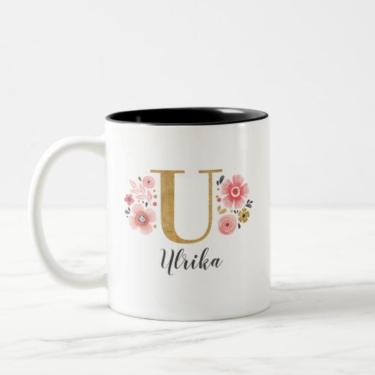 Initialbuchstabe U, rosa pink, floral Zweifarbige Tasse (Links)
