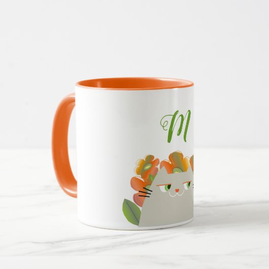 Initiale Katzenfrühlingserkennung und Orange-Blume Tasse (Vorderseite Links)