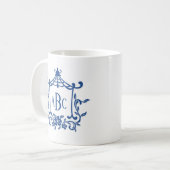 Initialen der blauen weißen Pagode-Blume Monogramm Kaffeetasse (Vorderseite Links)