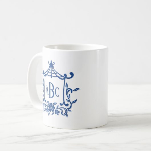 Initialen der blauen weißen Pagode-Blume Monogramm Kaffeetasse (Vorderseite Links)