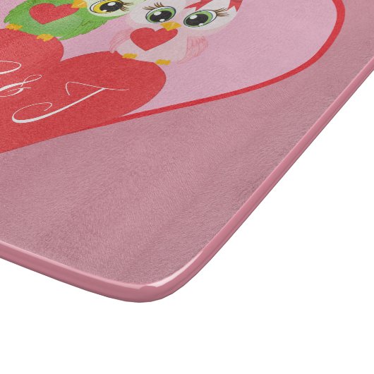 Initialen der hübschen rosa Herz- und Owls-Monogra Schneidebrett (Ecke)
