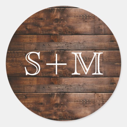 Initialen der Rustikal Brown Wood Texture Monogram Runder Aufkleber (Vorderseite)