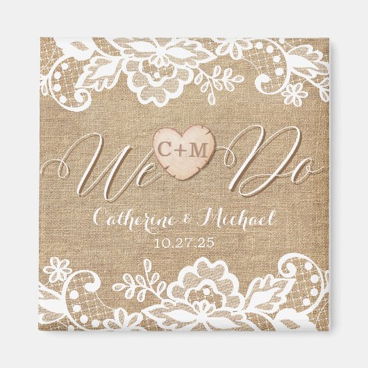 Initialen für rustikale Burlap Lace und Wood Heart Magnet (Vorne)