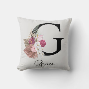 Initialen G Monogramm Rosa Boho Blumenmuster Kissen