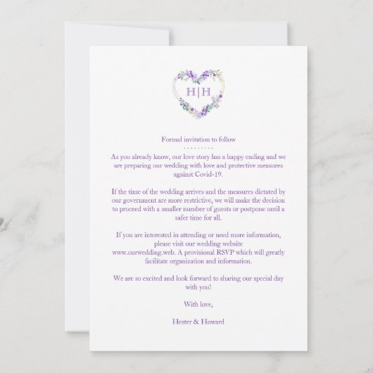 Initialen Lila Herz 2 Fotos auf Weiß Save The Date (Rückseite)