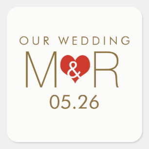 Initialen mit roter Liebe, unsere Hochzeit Quadratischer Aufkleber