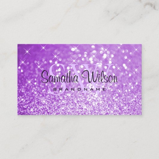 Initialen von Lila Glitzer mit leuchtenden Sternen Visitenkarte (Vorderseite)
