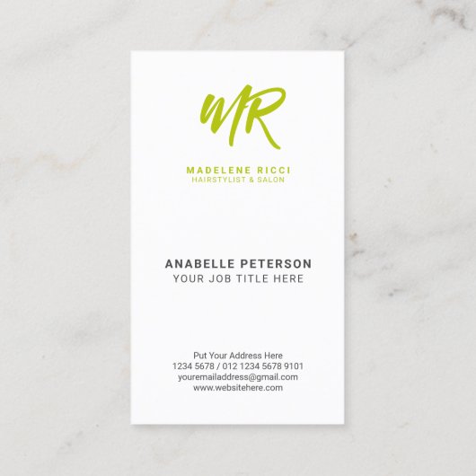 Initialer Minimalistischer Skriptname | Lime Green Visitenkarte (Rückseite)