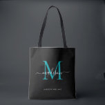 Initialer Name des Aquamarin-grünen Monogram-Skrip Tasche<br><div class="desc">Modernes Schwarz-Aquamarin-Grün-Monogramm Eleganter Skriptname Initial Tote Bag</div>
