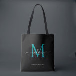 Initialer Name des Aquamarin-grünen Monogram-Skrip Tasche<br><div class="desc">Modernes Schwarz-Aquamarin-Grün-Monogramm Eleganter Skriptname Initial Tote Bag</div>