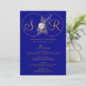 Initiales Hochzeitmenü für das Blue Gold Monogram Menükarte (Stehend Vorderseite)