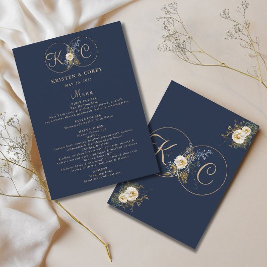 Initiales Hochzeitmenü für das Blue Gold Monogram Menükarte