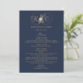 Initiales Hochzeitmenü für das Blue Gold Monogram Menükarte (Stehend Vorderseite)