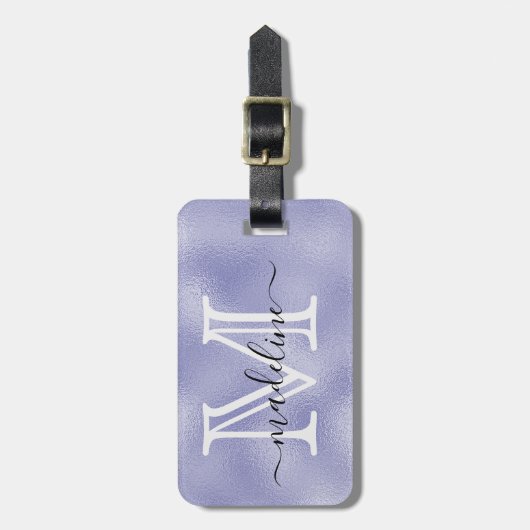 Initiales Lila Foil Monogram Name Script Gepäckanhänger (Vorderseite vertikal)