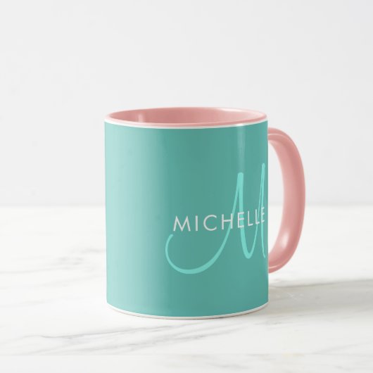 Initiales Monogramm für Aquamarine Vorlagennamen m Tasse (VorderseiteRechts)