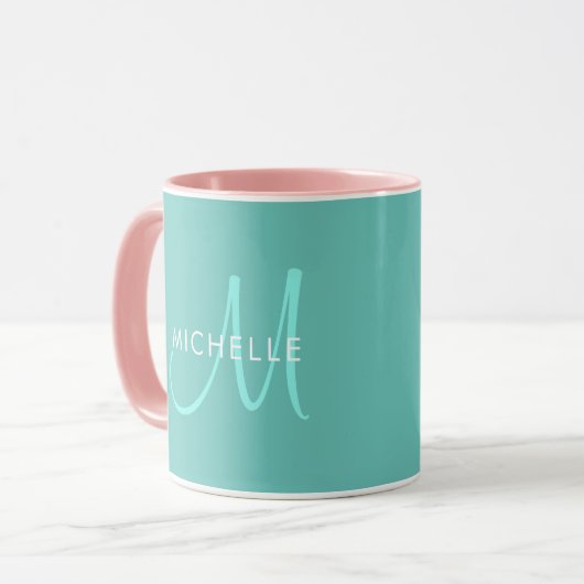 Initiales Monogramm für Aquamarine Vorlagennamen m Tasse (Vorderseite Links)