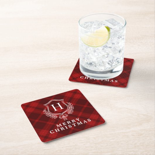Initiales Red Kariert Winter Monogram Wappen Rechteckiger Pappuntersetzer (Vor Ort)