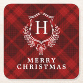 Initiales Red Kariert Winter Monogram Wappen Rechteckiger Pappuntersetzer (Vorderseite)