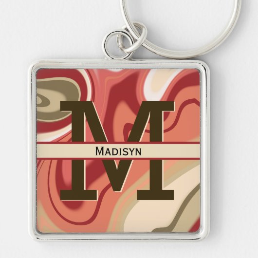Initialname des modernen roten Cremes Swirl Monogr Schlüsselanhänger (Vorne)