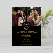 Initials Elegant Floral Red Heart 2 Photos Black Folieneinladung (Stehend vorne)