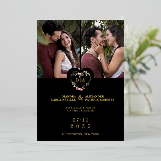 Initials Elegant Floral Red Heart 2 Photos Black Folieneinladung (Stehend vorne)