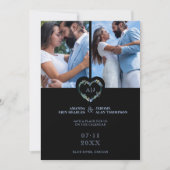 Initials Floral Blue Heart 2 Photos on Black Save The Date (Vorderseite)