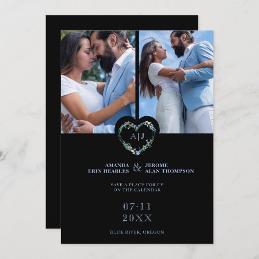 Initials Floral Blue Heart 2 Photos on Black Save The Date (Vorne/Hinten)