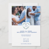 Initials Floral Blue Heart 2 Photos on White Save The Date (Vorderseite)