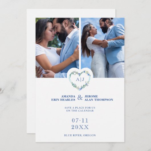 Initials Floral Blue Heart 2 Photos on White Save The Date (Vorne/Hinten)