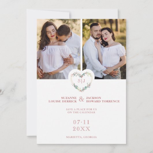 Initials Floral Pink Heart 2 Photos on White Save The Date (Vorderseite)