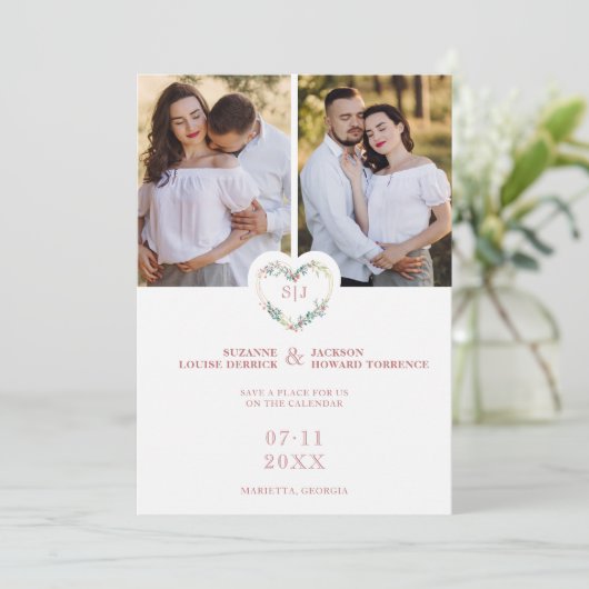 Initials Floral Pink Heart 2 Photos on White Save The Date (Stehend Vorderseite)
