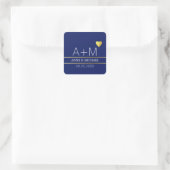 Initials, Heart, Name & Date Blue Wedding Quadratischer Aufkleber (Tasche)