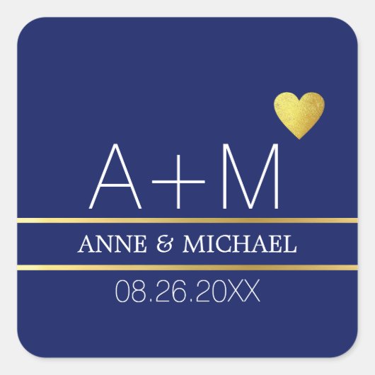 Initials, Heart, Name & Date Blue Wedding Quadratischer Aufkleber (Vorderseite)