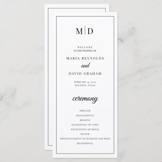 Initials Monogram Minimalistisch Wedding Program (Vorne/Hinten)
