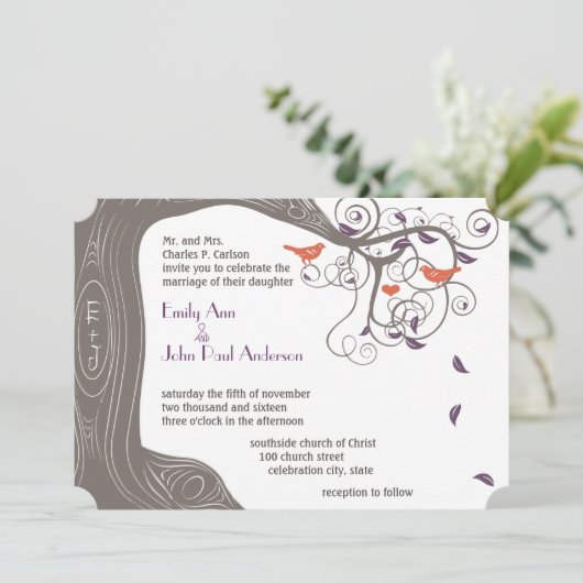 Initials Tree Mandarine Bird Wedding Einladungen (Stehend Vorderseite)