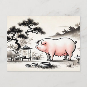 Ink art of Content Pig in Pen with Garden Feiertagspostkarte