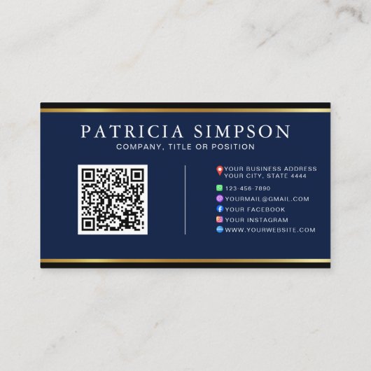 Ink Blue & Gold Edge Modern QR Code Template Visitenkarte (Rückseite)