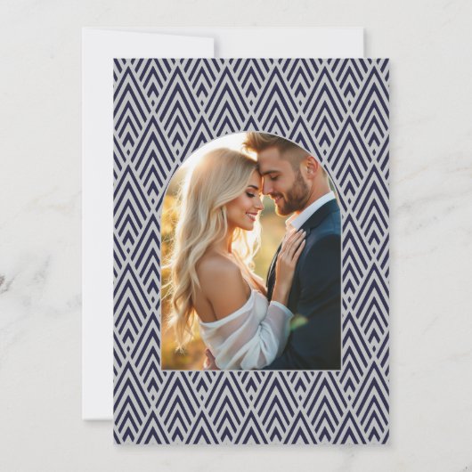 Ink Blue & Platinum Silver Art Deco Wedding Photo Einladung (Rückseite)