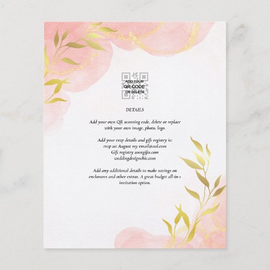 INK Coral Peach Gold Blätter Einladung Hochzeit Flyer (Hinten)