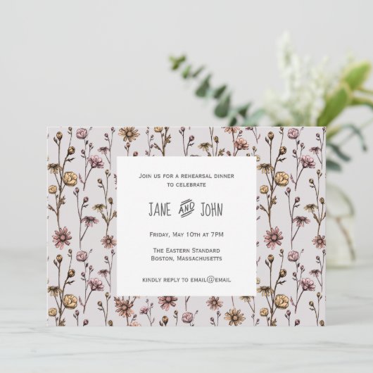 Ink Gezeichnet Daisies Probe Abendessen Einladung (Stehend Vorderseite)