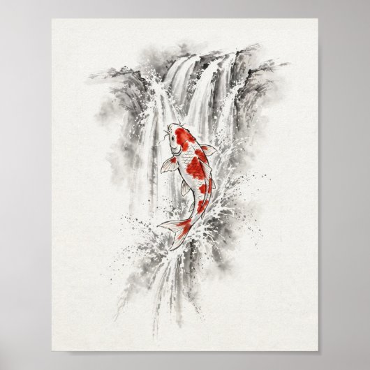 Ink Koi Fisch springt über Wasserfall Poster (Vorne)