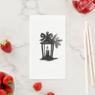 Ink Lantern with Candle and Pine – Holiday Art on Serviette