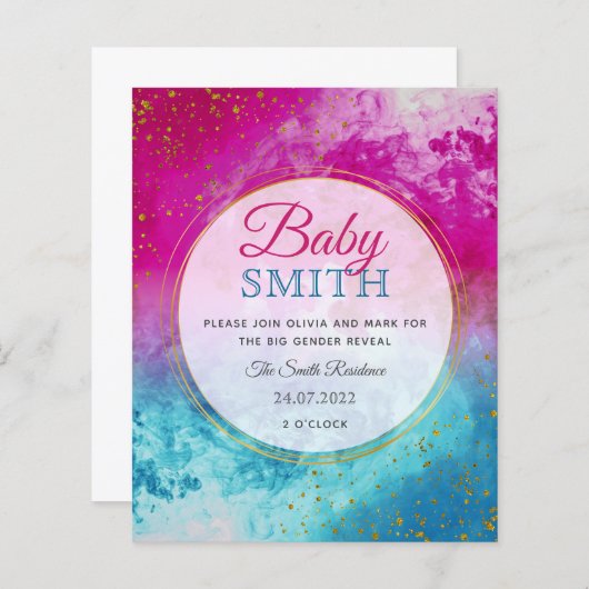 Ink splash Blue Pink Gender Offenbaren Einladung (Vorne/Hinten)