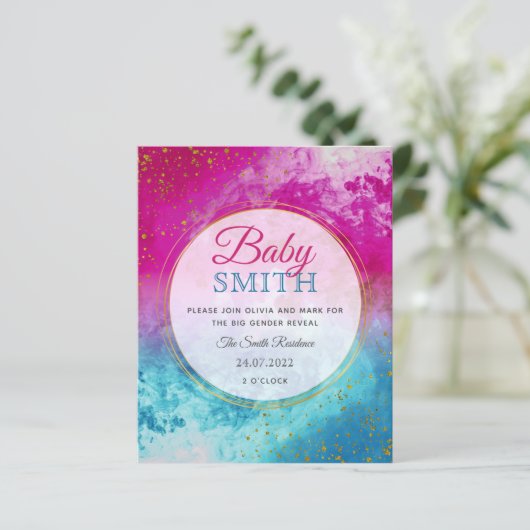 Ink splash Blue Pink Gender Offenbaren Einladung (Stehend Vorderseite)