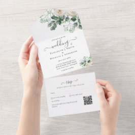 Inklusive White Roses Sage Blätter Hochzeit RSVP All In One Einladung