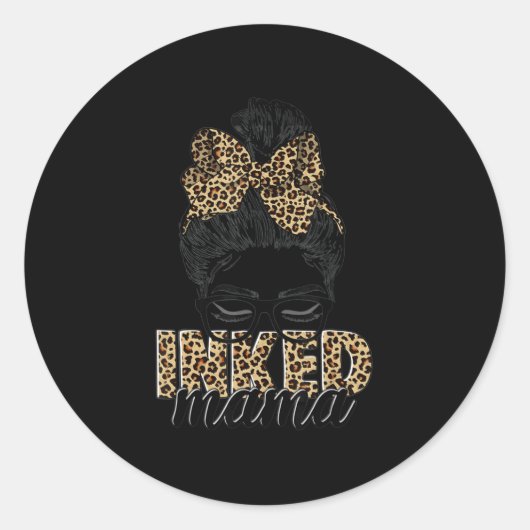 Inkoked Mama Messy Bun Mama Leopard Tätowierte Mam Runder Aufkleber (Vorderseite)